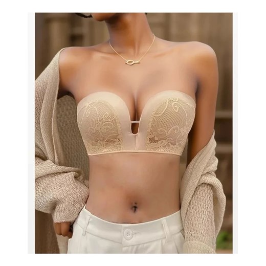 Biustonosz bez ramiączek z ozdobnymi miseczkami - Kremowy 70AB ze sklepu Intimica.pl w kategorii Biustonosze - zdjęcie 186351841