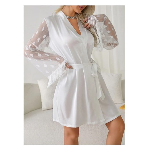 Elegancki szlafrok damski z ozdobnymi rękawami - Biały S ze sklepu Intimica.pl w kategorii Szlafroki damskie - zdjęcie 186356653