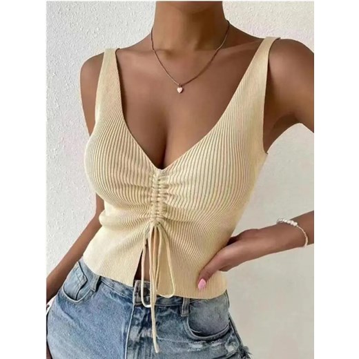 Prążkowany top damski ze ściągaczem na dekolcie - Beżowy Uniwersalny ze sklepu Intimica.pl w kategorii Bluzki damskie - zdjęcie 186364864