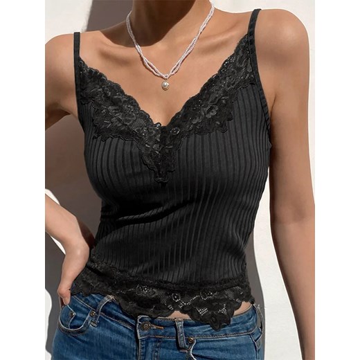 Prążkowany top z koronkowym wykończeniem - Czarny S ze sklepu Intimica.pl w kategorii Bluzki damskie - zdjęcie 186364883