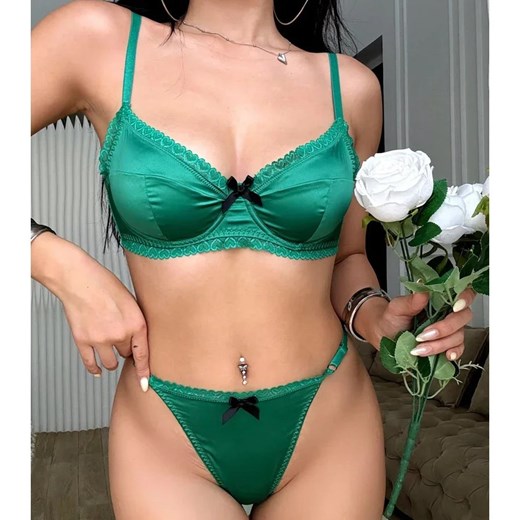 Satynowy komplet bielizny - Zielony S ze sklepu Intimica.pl w kategorii Komplety bielizny damskiej - zdjęcie 186366230