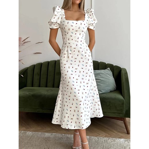 Sukienka midi z bufiastymi rękawami - Biały S ze sklepu Intimica.pl w kategorii Sukienki - zdjęcie 186369104