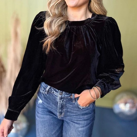 Welurowa damska bluzka z długim rękawem - Czarny S ze sklepu Intimica.pl w kategorii Bluzki damskie - zdjęcie 186370494