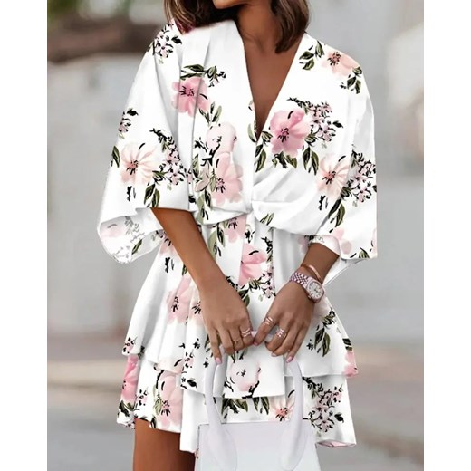 Wzorzysta sukienka z falbanami - Biały S ze sklepu Intimica.pl w kategorii Sukienki - zdjęcie 186370814