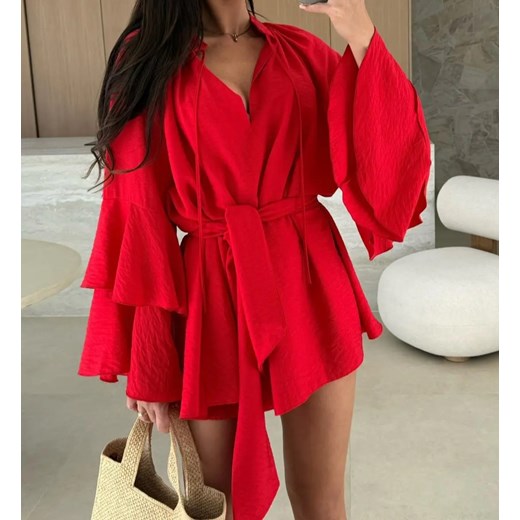 Zwiewna letnia sukienka z paskiem - Czerwony S ze sklepu Intimica.pl w kategorii Sukienki - zdjęcie 186371340