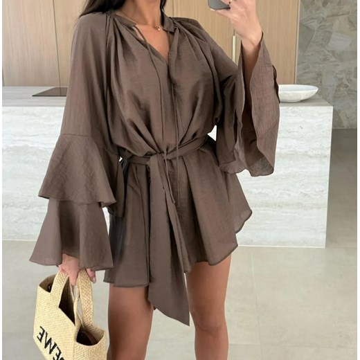 Zwiewna letnia sukienka z paskiem - Brązowy S ze sklepu Intimica.pl w kategorii Sukienki - zdjęcie 186371351