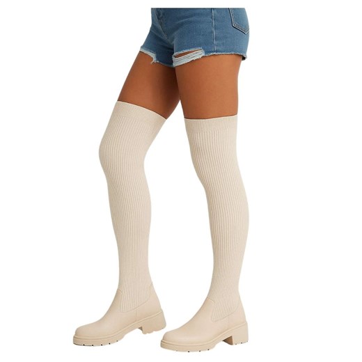 Wysokie kozaki lekko ocieplane elastyczne Beżowe /G4-1 18072 T380/ ze sklepu Pantofelek24.pl w kategorii Kozaki damskie - zdjęcie 186383513