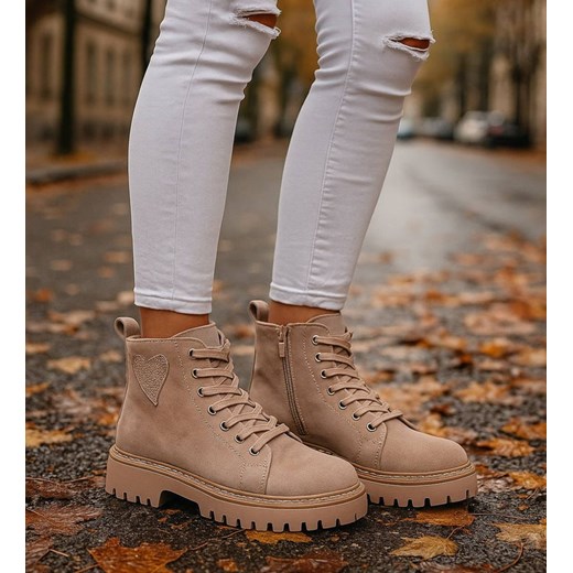 Sznurowane botki trapery na platformie Khaki /G5-2 18246 W437/ ze sklepu Pantofelek24.pl w kategorii Workery damskie - zdjęcie 186384990