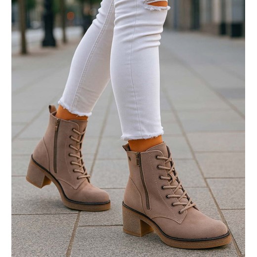 Damskie wiązane botki na obcasie Khaki /F2-1 18232 W339/ ze sklepu Pantofelek24.pl w kategorii Botki - zdjęcie 186385024
