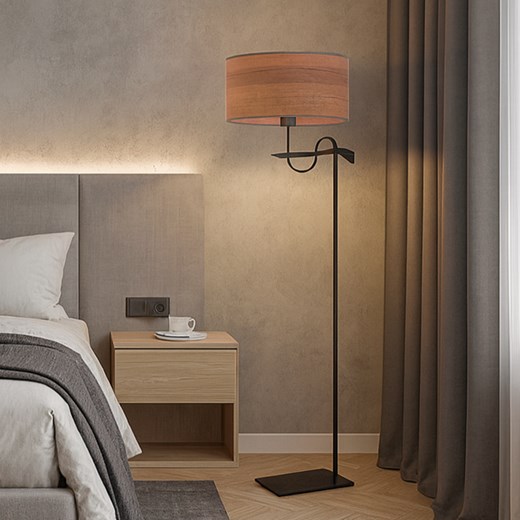 Czarna lampa podłogowa do czytania w sypialni KAMERUN ECO z abażurem imitującym fornir - id: 8484 - marki Ciekot Partners Sp. Z O. O. - 186385511 Czarna lampa podłogowa do czytania w sypialni KAMERUN ECO z abażurem imitującym fornir ze sklepu Lysne w kategorii Lampy podłogowe - zdjęcie 186385511