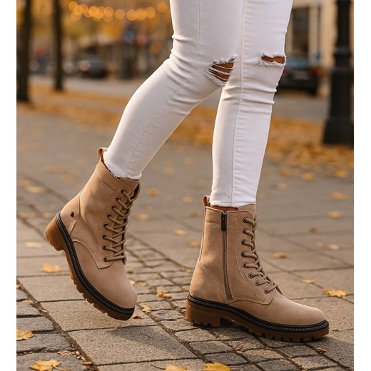 Beżowe wiązane botki trapery na platformie /C7-3 18280 W600/ - id: 33170 - marki Pantofelek24.pl - 186387260 Beżowe wiązane botki trapery na platformie /C7-3 18280 W600/ ze sklepu Pantofelek24.pl w kategorii Workery damskie - zdjęcie 186387260