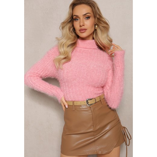 Jasnoróżowy Golf z Puchatego Materiału z Wełną i Długim Rękawem Geolla ze sklepu renee.pl w kategorii Swetry damskie - zdjęcie 186390664