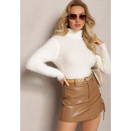 Biały Golf z Puchatego Materiału z Wełną i Długim Rękawem Geolla ze sklepu renee.pl w kategorii Swetry damskie - zdjęcie 186390674