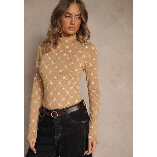 Beżowa Bluzka Longsleeve Półgolf z Bawełny Ozdobiona Geometrycznym Nadrukiem Zantila ze sklepu renee.pl w kategorii Bluzki damskie - zdjęcie 186390694