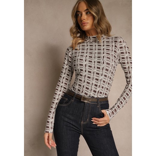 Biało-Brązowa Bluzka Longsleeve z Golfem z Bawełny w Geometryczny Print Zadanevia - id: WCX-4984-MIX3K-419-WHITE/BROWN - marki Renee - 186390704 Biało-Brązowa Bluzka Longsleeve z Golfem z Bawełny w Geometryczny Print Zadanevia ze sklepu renee.pl w kategorii Bluzki damskie - zdjęcie 186390704