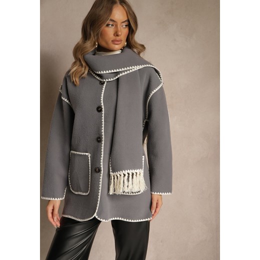 Szara Kurtka Oversize z Szalikiem i Ozdobnymi Przeszyciami Claritila ze sklepu renee.pl w kategorii Kurtki damskie - zdjęcie 186390754