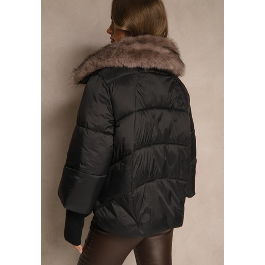Czarna Pikowana Kurtka Zimowa z Futrem przy Kołnierzu i Ściągaczami Tildena Renee L renee.pl