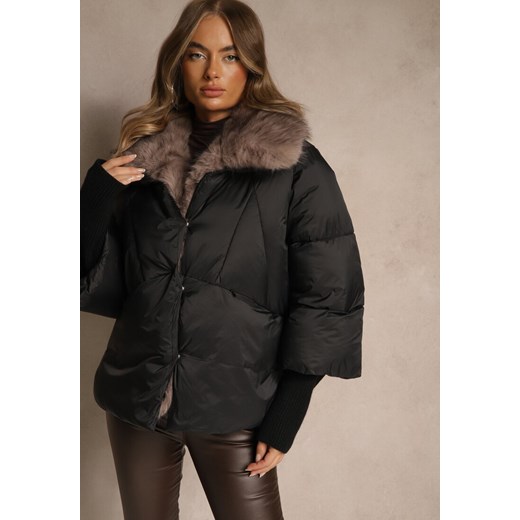 Czarna Pikowana Kurtka Zimowa z Futrem przy Kołnierzu i Ściągaczami Tildena Renee S renee.pl
