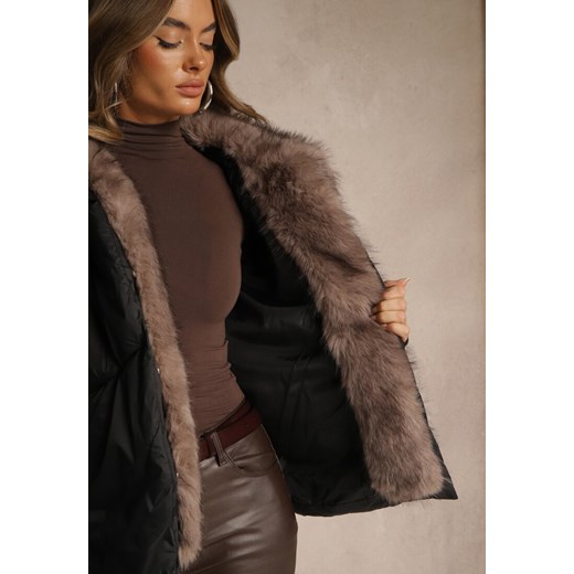 Czarna Pikowana Kurtka Zimowa z Futrem przy Kołnierzu i Ściągaczami Tildena Renee S renee.pl