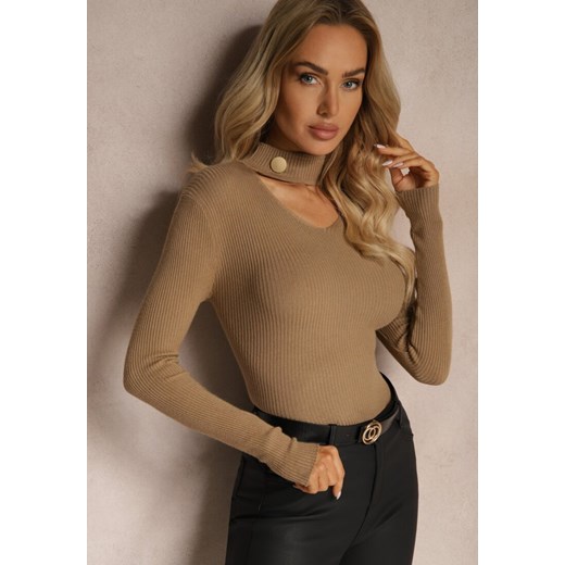 Jasnobeżowy Sweter Golf z Ozdobnym Wycięciem Przy Dekolcie Erticia ze sklepu renee.pl w kategorii Swetry damskie - zdjęcie 186395564
