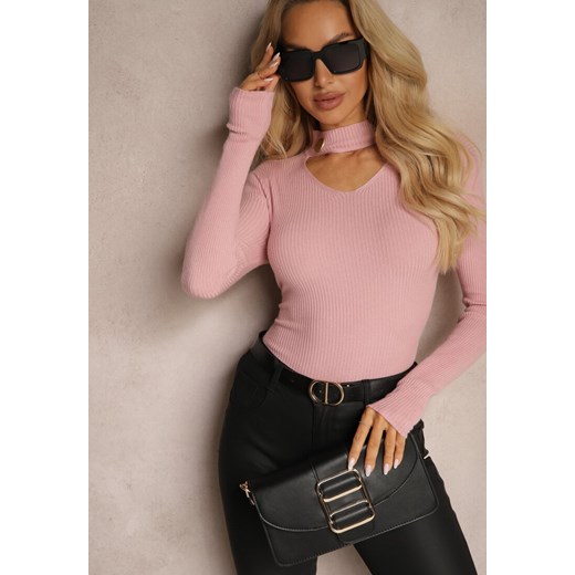 Jasnoróżowy Sweter Golf z Ozdobnym Wycięciem Przy Dekolcie Erticia ze sklepu renee.pl w kategorii Swetry damskie - zdjęcie 186395604
