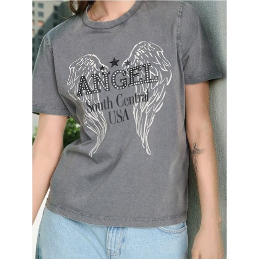 Sinsay - Koszulka z efektem sprania z ozdobnymi cyrkoniami - szary ze sklepu Sinsay w kategorii Bluzki damskie - zdjęcie 186398823