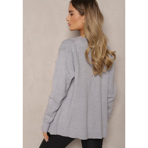Szary Kardigan z Dodatkiem Bawełny Ozdobiony Tłoczeniami i Kieszeniami Mavalin Renee M renee.pl