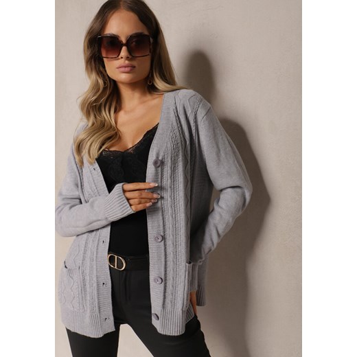 Szary Kardigan z Dodatkiem Bawełny Ozdobiony Tłoczeniami i Kieszeniami Mavalin Renee L renee.pl