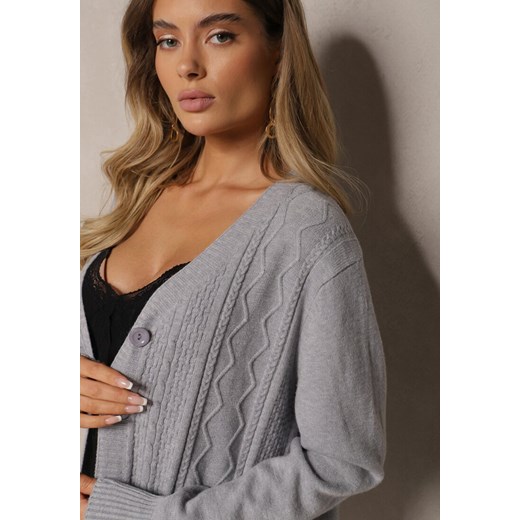 Szary Kardigan z Dodatkiem Bawełny Ozdobiony Tłoczeniami i Kieszeniami Mavalin Renee M renee.pl