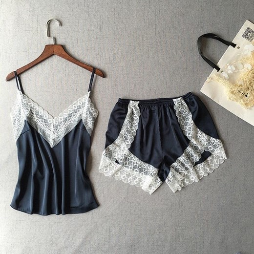 Bielizna nocna z białą koronką - Granatowy M ze sklepu Intimica.pl w kategorii Piżamy damskie - zdjęcie 186414503