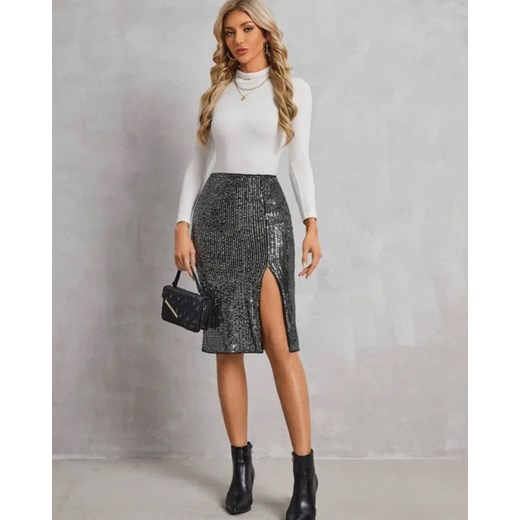 Błyszcząca spódnica midi z rozcięciem - Czarny XS ze sklepu Intimica.pl w kategorii Spódnice - zdjęcie 186415190