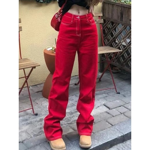 Czerwone damskie spodnie jeansowe - Czerwony S ze sklepu Intimica.pl w kategorii Jeansy damskie - zdjęcie 186415882