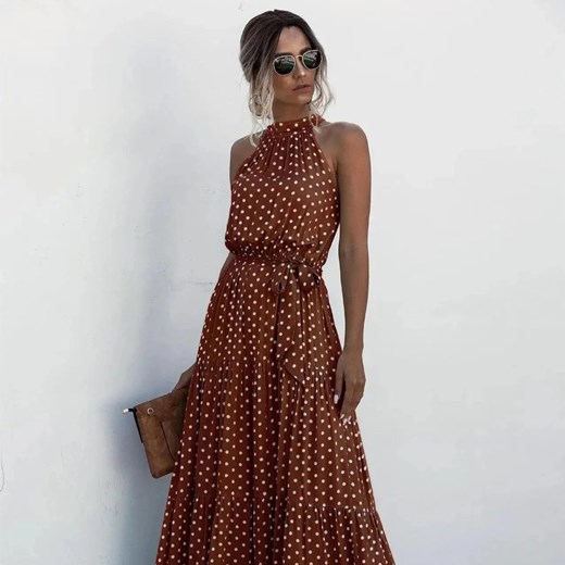 Długa sukienka w kropki - Brązowy S ze sklepu Intimica.pl w kategorii Sukienki - zdjęcie 186416440