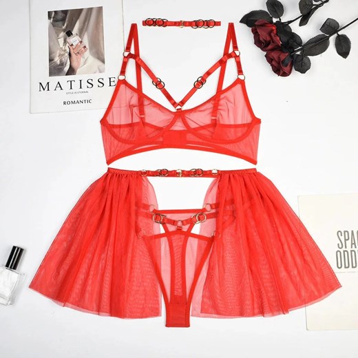 Komplet bielizny z chokerem i falbanką - Czerwony S ze sklepu Intimica.pl w kategorii Komplety bielizny damskiej - zdjęcie 186418920