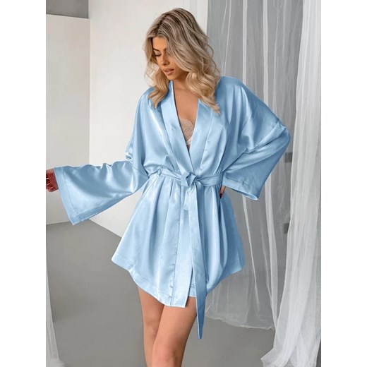 Krótki satynowy szlafrok damski - Niebieski S ze sklepu Intimica.pl w kategorii Szlafroki damskie - zdjęcie 186420450