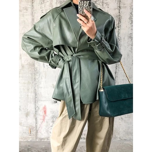 Krótki skórzany płaszcz damski - Zielony S ze sklepu Intimica.pl w kategorii Płaszcze damskie - zdjęcie 186420453