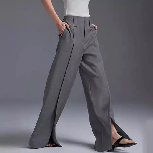 Materiałowe spodnie damskie z rozcięciem - Szary S ze sklepu Intimica.pl w kategorii Spodnie damskie - zdjęcie 186421023