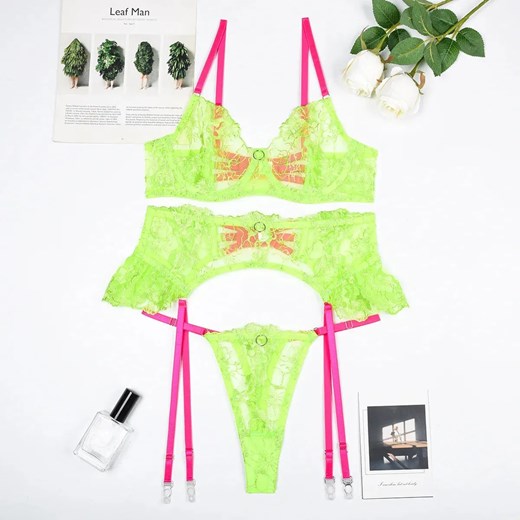 Neonowy komplet bielizny koronkowej - Neonowy zielony S ze sklepu Intimica.pl w kategorii Komplety bielizny damskiej - zdjęcie 186421293