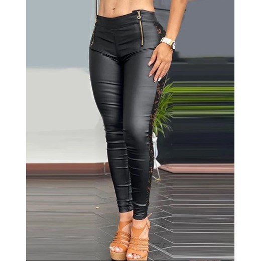 Obcisłe skórzane spodnie damskie z koronką - Czarny S ze sklepu Intimica.pl w kategorii Spodnie damskie - zdjęcie 186421302