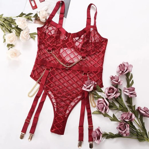 Prześwitujące body z ozdobnymi łańcuszkami - Bordowy S ze sklepu Intimica.pl w kategorii Body damskie - zdjęcie 186422214