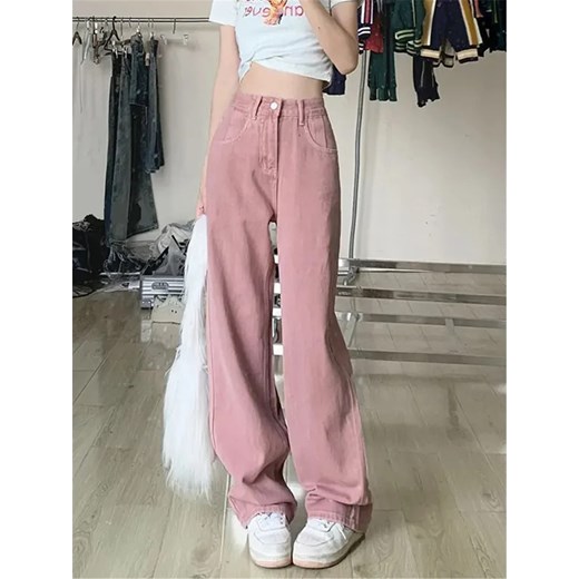 Różowe jeansy damskie z wysokim stanem - Różowy XS ze sklepu Intimica.pl w kategorii Jeansy damskie - zdjęcie 186422590