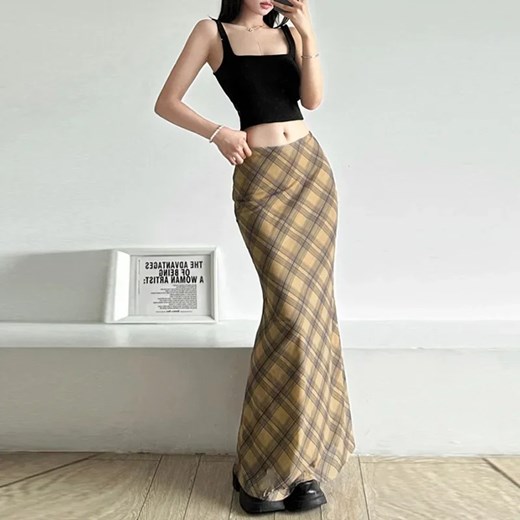 Spódnica maxi w kratę - Beżowy S ze sklepu Intimica.pl w kategorii Spódnice - zdjęcie 186423590