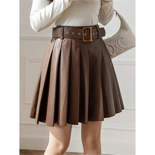 Spódnica skórzana z pasem - Brązowy S ze sklepu Intimica.pl w kategorii Spódnice - zdjęcie 186423703