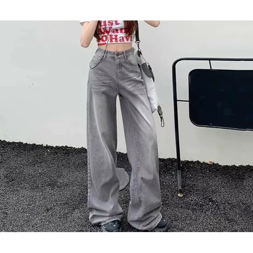 Szare spodnie jeansowe z szeroką nogawką - Szary S ze sklepu Intimica.pl w kategorii Jeansy damskie - zdjęcie 186424954