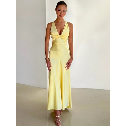 Wiązana satynowa sukienka maxi - Żółty S ze sklepu Intimica.pl w kategorii Sukienki - zdjęcie 186425384