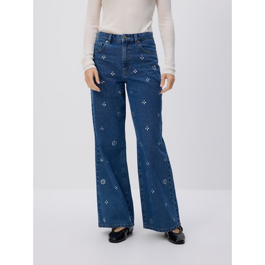 Reserved - Jeansy wide leg z kryształkami - niebieski ze sklepu Reserved w kategorii Jeansy damskie - zdjęcie 186430864
