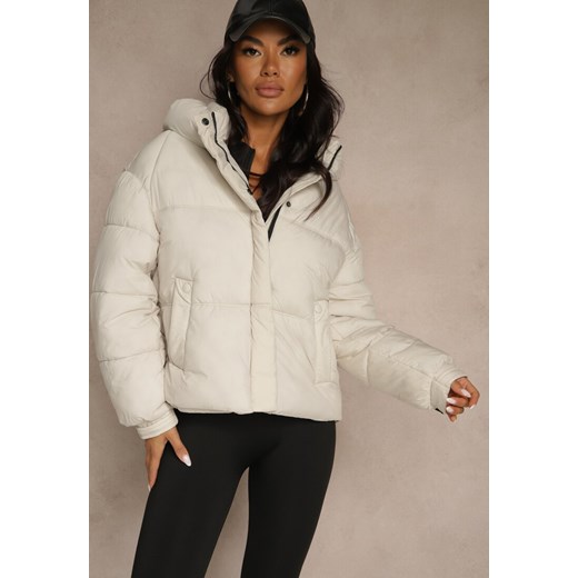 Biała Kurtka Puffer z Pikowaniem Kapturem i Kieszonką przy Rękawie Galeida ze sklepu renee.pl w kategorii Kurtki damskie - zdjęcie 186437191