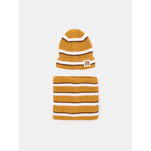 Sinsay - Zestaw: Czapka z kominem w paski z ozdobną naszywką - żółty Sinsay L Sinsay