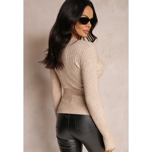 Beżowy Sweter Kopertowy z Prążkowanej Dzianiny Goli Renee S renee.pl