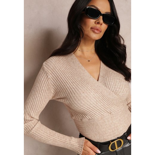 Beżowy Sweter Kopertowy z Prążkowanej Dzianiny Goli Renee S renee.pl